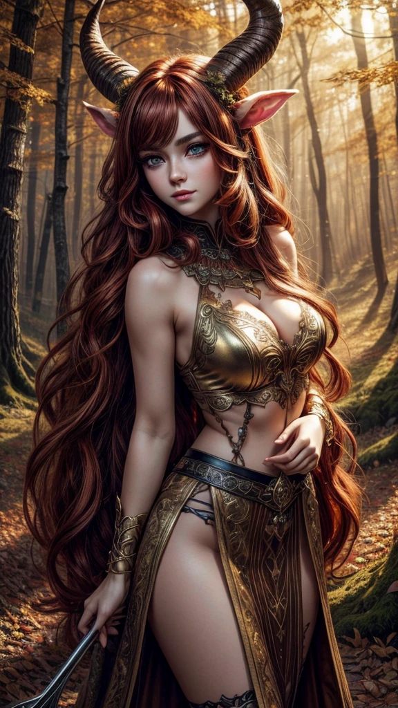 Wallpaper on your phone, better quality, cinematic image, detailed image, fantasy, detailed face, detailed beautiful amber eyes, Beautiful girl, faun, horns, hooves, high, very long fluffy red hair, long fluffy eyelashes, thick eyebrows, wide hips, cheerful, Golden Autumn, the forest