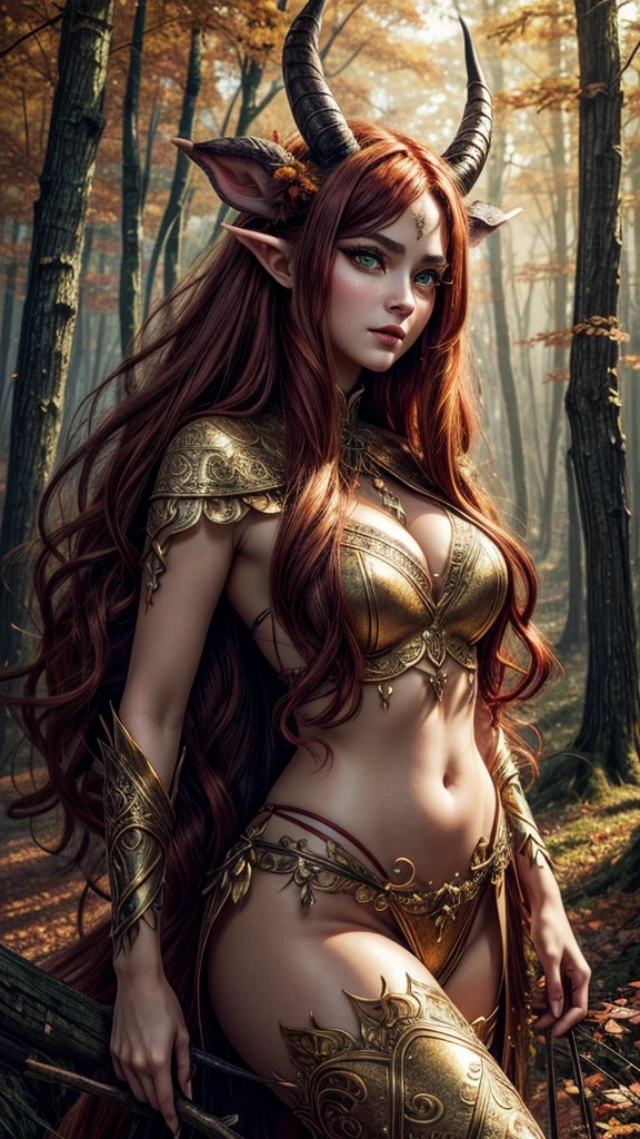 Wallpaper on your phone, better quality, cinematic image, detailed image, fantasy, detailed face, detailed beautiful amber eyes, Beautiful girl, faun, horns, hooves, high, very long fluffy red hair, long fluffy eyelashes, thick eyebrows, wide hips, cheerful, Golden Autumn, the forest