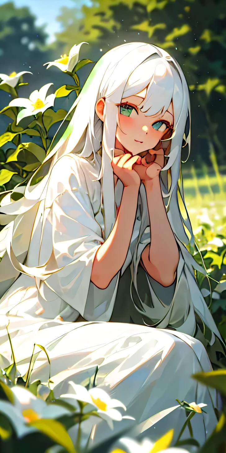 (masterpiece, best quality),1girl with long white hair sitting in a field of green plants and flowers, her hand under her chin, warm lighting, white dress, blurry foreground