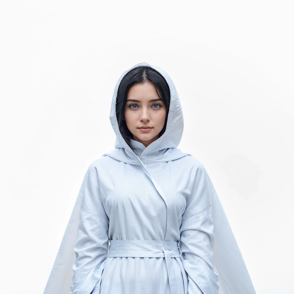 Beautiful woman with light blue eyes, black hair, serene face with a slight smile, wears a white cloak, wears a gray tunic with wide, long sleeves adjusted at the waist by a white sash.
