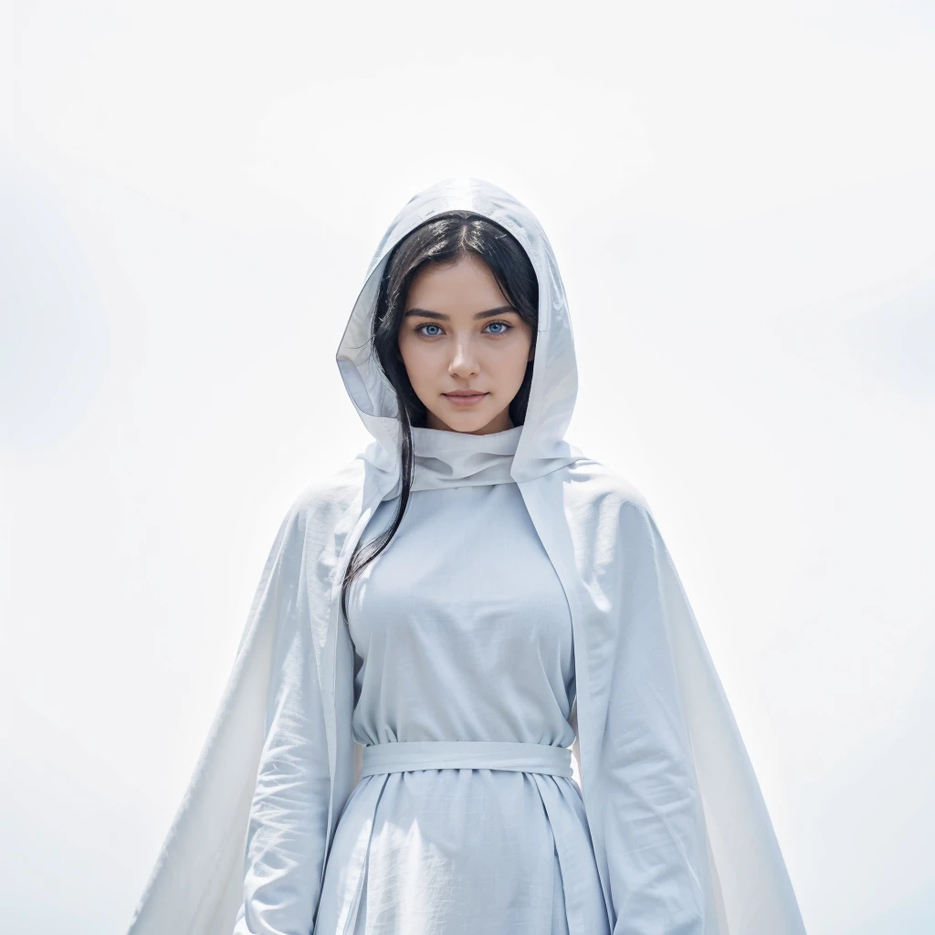Beautiful woman with light blue eyes, black hair, serene face with a slight smile, wears a white cloak, wears a gray tunic with wide, long sleeves adjusted at the waist by a white sash.