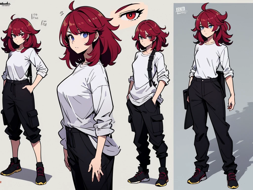 (masterpiece), best quality, high quality art, very detailed texture, super detailed picture high detail texture, high texture detail, super detailed render, hd detailed texture, standing, full body, 1girl, blue eyes, purple eyes in left eyes, red eyes in right eyes, heterochromia eyes, pixiehairstyle hair, messy hair, Red hair, white shirt, tomboy girl, black long pants, various expression, front back and side view of character
