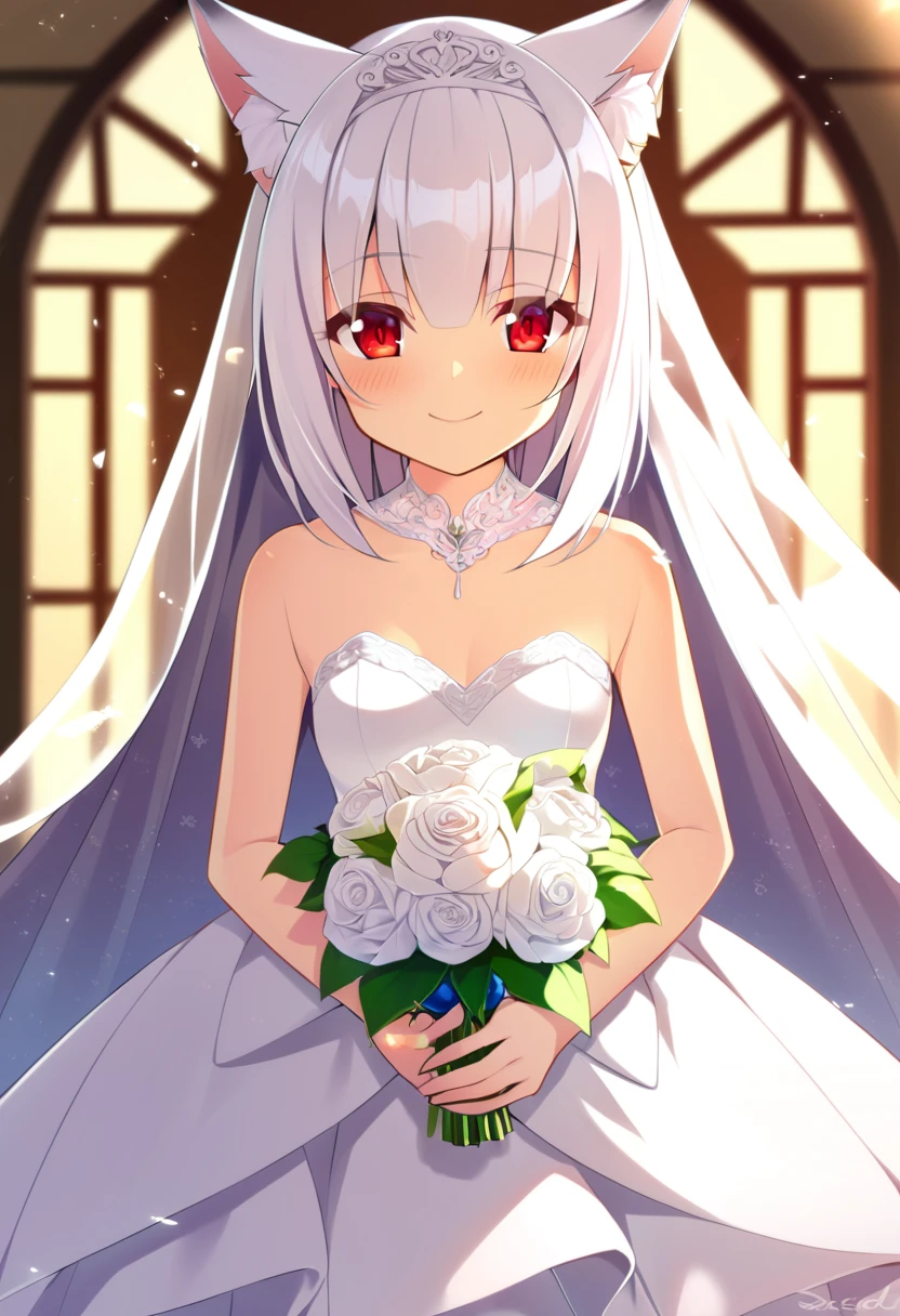 one girl, fox ears, white hair, red eyes, sacred, beauty, naive, 13 years old, looks happy, medium breasts, wedding dress