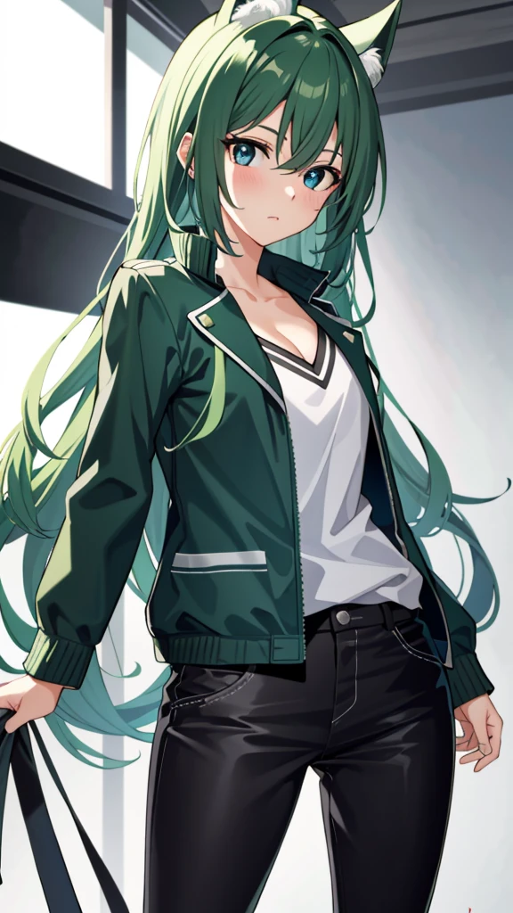 1 girl 20 year old , long green hair, (black eyes:1.5), pink cheeks, serious BREAK, determined face, determined expression, Acceptable, BREAK (masterpiece:1.2), Quality best, high resolution award, advanced details, perfect image quality, standing, encouraging, seductive, perfect figure, (green-white jacket:1.5), upper body, cheeks pink, blush sticker, cleavage, collarbone, duel monster, pentagram , BREAK looking at viewer, BREAK rooftop, high resolution, unity wallpaper 8k, (illustration:0.8), (beautiful detailed eyes:1.6), extremely detailed face, perfect lighting, extremely detailed CG, (perfect hands, perfect anatomy), Right hand holding pistol