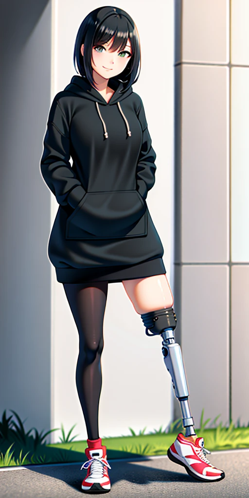 best quality, 1girl, solo, standing, coruscant, medium hair, black hair, straight hair, looking at the viewer, medium breasts,  (prosthetic leg:1.2), full body, smiling, futuristic hoddie, black hoddie, lycra pants, black lycra pants. 