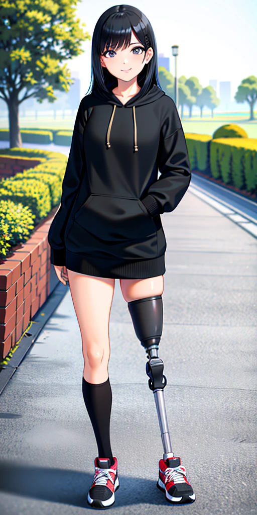best quality, 1girl, solo, standing, outdoors, medium hair, black hair, straight hair, looking at viewer, medium breasts,  (prosthetic leg:1.2), full body, smiling, two prosthetic legs, sneakers, lycra skirt, oversized_hoddie, black oversized_hoddie. 