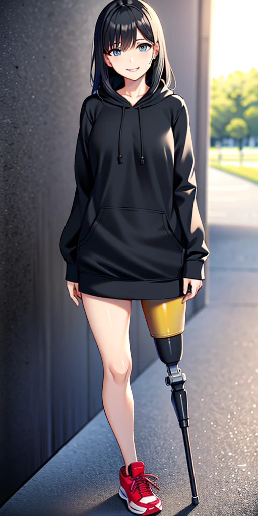 best quality, 1girl, solo, standing, outdoors, medium hair, black hair, straight hair, looking at viewer, medium breasts,  (prosthetic leg:1.2), full body, smiling, two prosthetic legs, sneakers, lycra skirt, oversized_hoddie, black oversized_hoddie. 