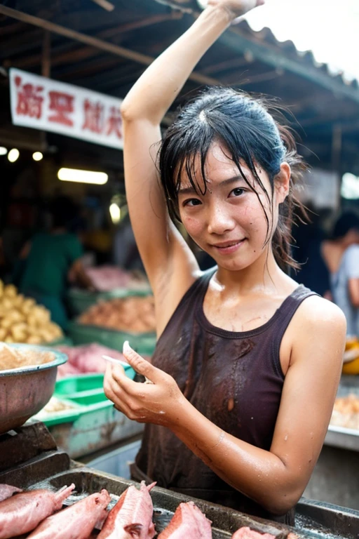 wet market，Pork stalls，rugged asian girl, raising hand showing armpit, topless, wet messy hair, sweaty face, shiny skin, hot and steamy, ((dirty)) armpit