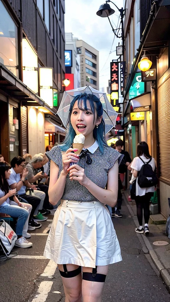 1girl, 独奏, open mouth,toothy smile, brown short hair,looking at view,holding, jewelry, earrings, food, indoors, plaid, eating in the cafe, holding food, realistic, ice cream, ice cream cone,(Highest quality, masterpiece: 1.3), One girl, Wet day, fog, alley, Hold an umbrella, Large and transparent umbrella, Looking at the audience, Blue Hair, Towards the photo, サイbarパンクシティ, alone in the alley, neon in the alley, A very reflective city, Long Hair, sized strands going over the alley, bar, Japan, Tokyo, Garter belt on one leg,  Put a knee pad on the other leg, Perfect hands, delicate, night
