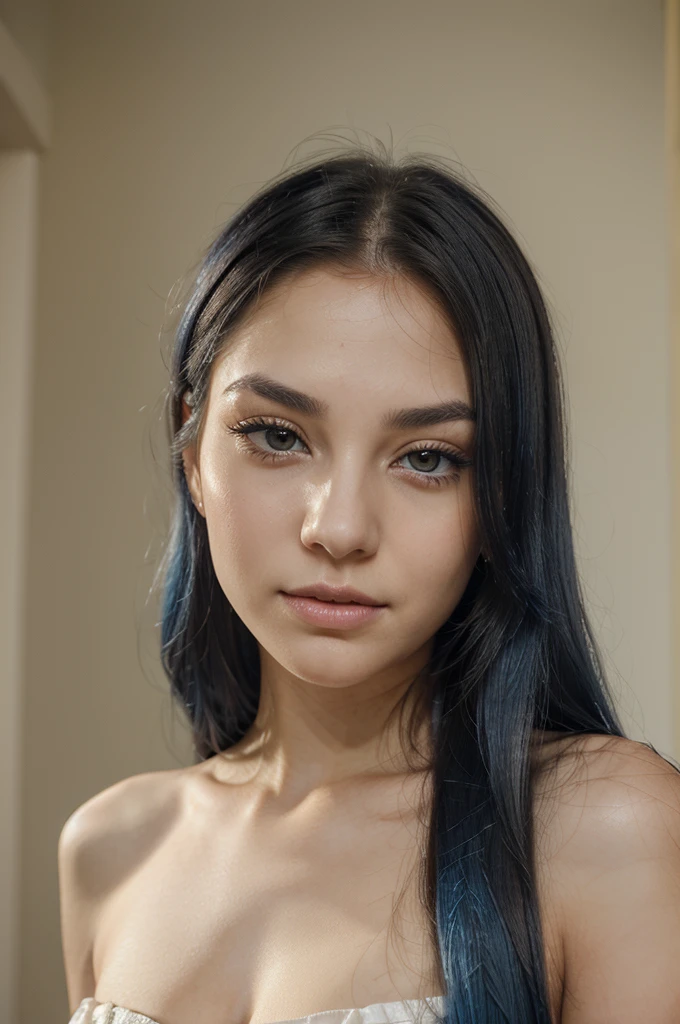 A girl with long blue hair. Her face is exquisite, with high cheekbones and smooth fair skin. Her large black eyes, framed by long thick eyelashes, are impressive and expressive, radiating calmness and confidence. Well-defined eyebrows curve gracefully above her eyes, adding intensity to her gaze. She has a small, straight nose and full, slightly parted lips that curve into a slight smile, revealing hints of mischief and allure. Her sharp, well-defined jawline gives her face a refined and elegant appearance. happy standing in a beautiful field of flowers, colorful flowers everywhere, perfect lighting, leica summicron 35mm f2.0, Kodak Portra 400, film grain