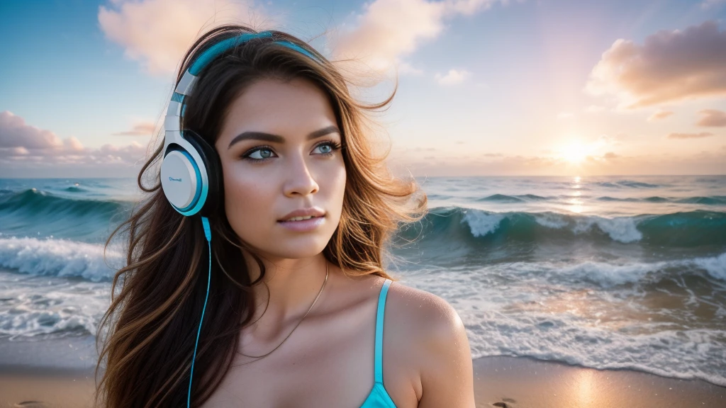 Create a stunning YouTube video thumbnail featuring a beautiful 25-year-old long-haired woman:1. Composition:
- Woman positioned on the right side of the frame, facing slightly to the left
- "I Love Trance" text on the left side
- Tropical beach background Woman's features:
- Long, flowing hair in snow-white color with ethereal blue streaks ,Hair dramatically billowing in the wind
- Striking, expressive eyebrows and long eyelashes
- Elegant, eye-catching makeup
- Wearing futuristic white headphones with neon blue accents,Atmospheric effects:
- Surrounded by a misty aura of blue dust particles
- Gradient of blue and complementary tones in the surrounding mist"I Love Trance" text:Large, volumetric 3D lettering,Vibrant color scheme: gradient from bright carrot orange to deep black,Eastern-inspired calligraphy or decorative elements in the text design,Slightly raised or floating appearance for depth,Background elements:
- Bright, inviting tropical beach scene
- Crystal-clear, turquoise ocean water
- Fine, white sand
- Palm trees swaying gently
- Sky filled with heart-shaped clouds, Lighting and color:Overall warm, golden sunlight washing over the scene,Vibrant, saturated colors throughout
- Subtle lens flare or light leak effect for added atmosphere,Post-processing:
- High contrast for a punchy, eye-catching look
- Slight vignette to draw focus to the center
- Subtle glow around the woman and text for an ethereal feel
8. Additional details:
- Small music notes or sound waves emanating from the headphones
- Faint, colorful energy lines flowing through the image for a sense of movement
- Subtle reflections in the woman's eyes to bring them to life
Aim for a harmonious blend of realism and fantasy, creating an irresistibly attractive and professional-looking thumbnail that captures the essence of trance music and tropical paradise.