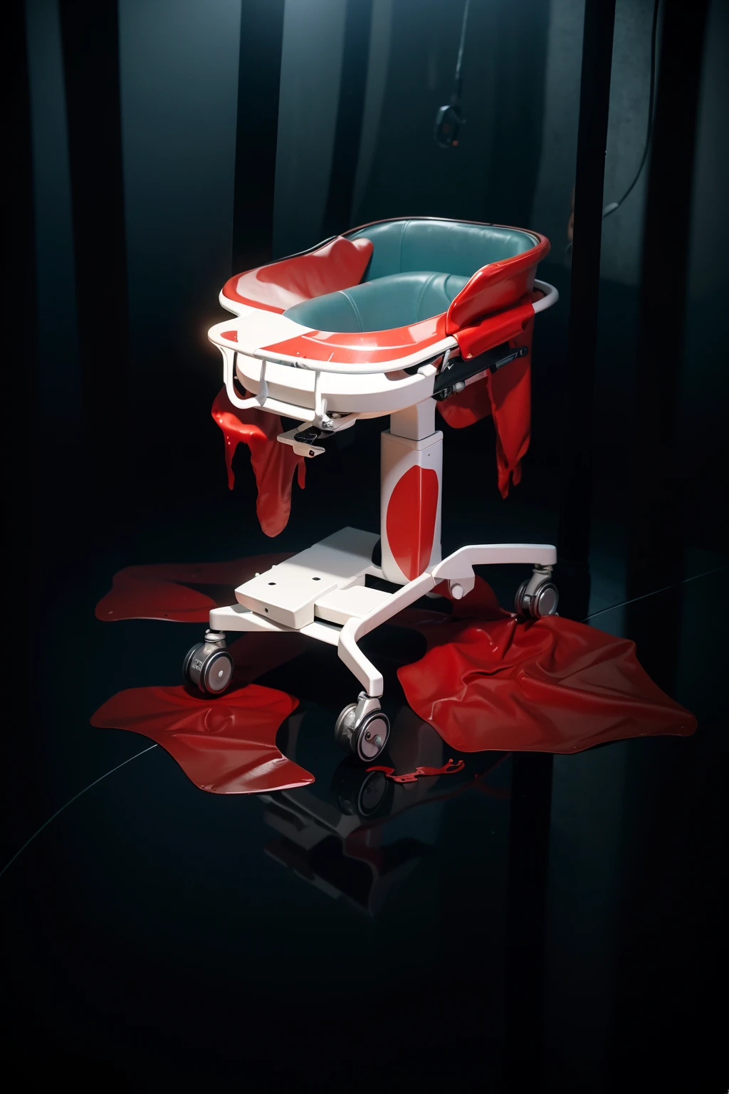 The image features a surgical or examination table, starkly white, with blood vividly splattered across its surface. The blood drips downward from the edges of the table, forming sinister pools on the reflective floor beneath. This grim scene is set in a dimly lit environment, amplifying the eerie and unsettling atmosphere. The depiction of flowing blood and accumulating puddles intensifies the sense of horror in the scene. realistic, 4k, high resolution, rim light, smooth 3d model, multiple light sources, rim light, sharp post effects render,, realistic, 4k, high resolution, rim light detailed digital art, reflective, best quality, 4k, masterpiece:1.2, ultra-detailed, realistic, vivid colors, The image of the highest quality, ensuring every detail showcased perfectly. It in 4k resolution, allowing viewers to immerse themselves in the richness of the colors and intricate details. The realistic rendering. under the spotlight, reflecting, high-resolution image, realistic rendering