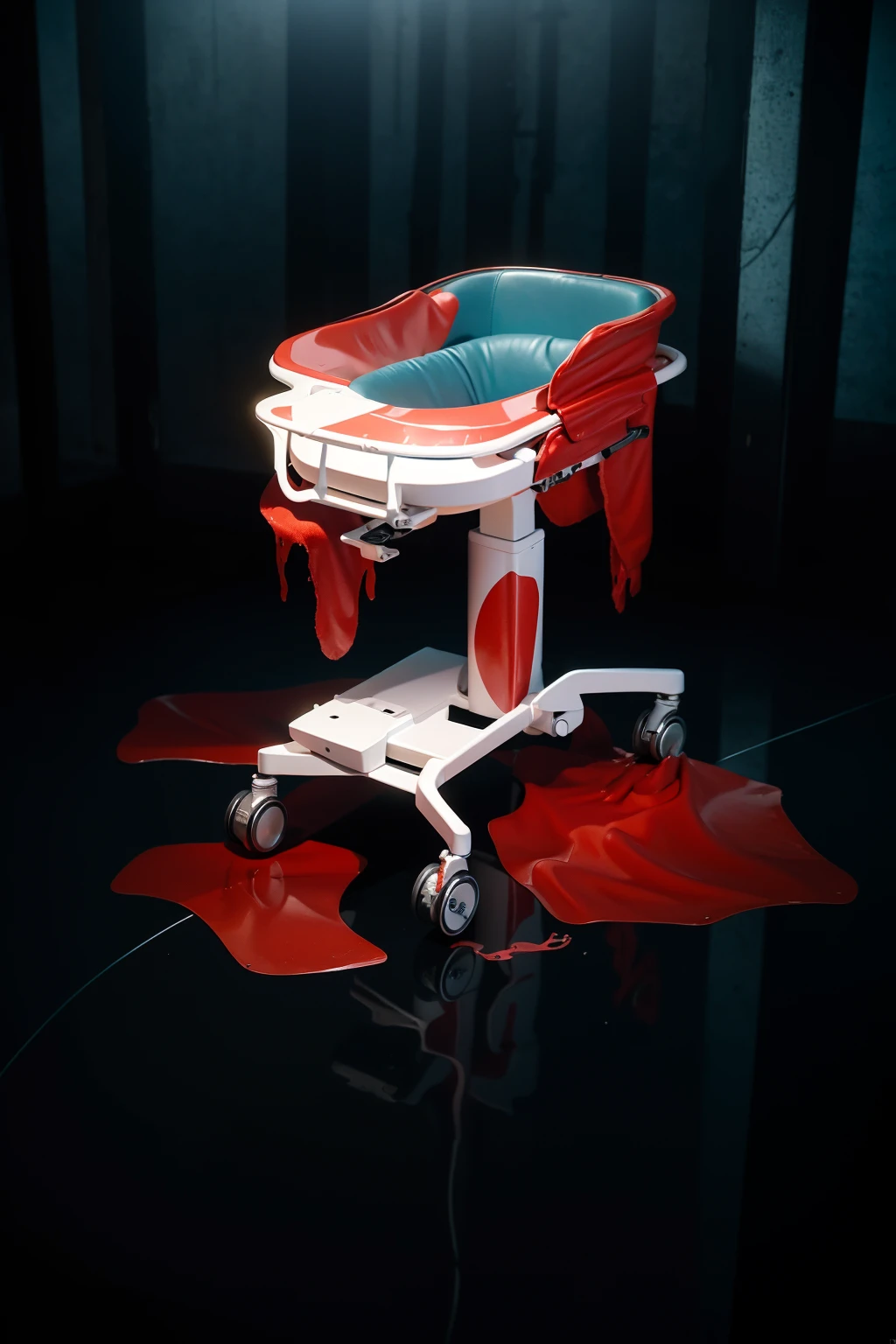 The image features a surgical or examination table, starkly white, with blood vividly splattered across its surface. The blood drips downward from the edges of the table, forming sinister pools on the reflective floor beneath. This grim scene is set in a dimly lit environment, amplifying the eerie and unsettling atmosphere. The depiction of flowing blood and accumulating puddles intensifies the sense of horror in the scene. realistic, 4k, high resolution, rim light, smooth 3d model, multiple light sources, rim light, sharp post effects render,, realistic, 4k, high resolution, rim light detailed digital art, reflective, best quality, 4k, masterpiece:1.2, ultra-detailed, realistic, vivid colors, The image of the highest quality, ensuring every detail showcased perfectly. It in 4k resolution, allowing viewers to immerse themselves in the richness of the colors and intricate details. The realistic rendering. under the spotlight, reflecting, high-resolution image, realistic rendering