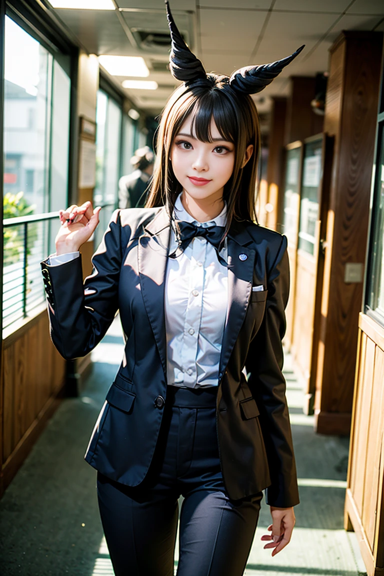 Ibuki Mioda /(Danganronpa/), Bank Super Details, masterpiece, figure, 8K, masterpiece, Realistic Shadows, Slope, Volumetric lighting, cute, Ambient Lighting, Cowboy Shot, colorful, A girl with beautiful, fine eyes, alone, (Original Costume), smile, {Office Background}, Formal suit