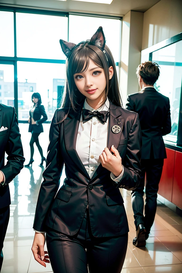 Ibuki Mioda /(Danganronpa/), Bank Super Details, masterpiece, figure, 8K, masterpiece, Realistic Shadows, Slope, Volumetric lighting, cute, Ambient Lighting, Cowboy Shot, colorful, A girl with beautiful, fine eyes, alone, (Original Costume), smile, {Office Background}, Formal suit