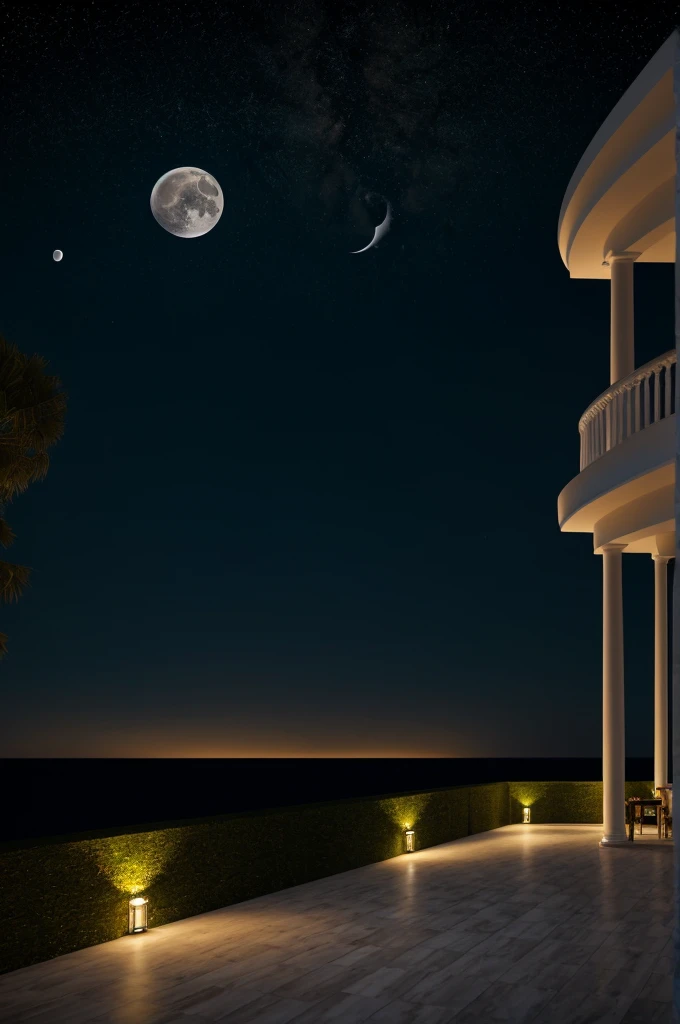 Sea of night,field,the sky is pitch black,No moon,View from the villa,Realistic,More realistic,Seaside terrace,8K Ultra HD, Digital SLR, Party Venue,Midnight Sea,View from the terrace,空にNo moon
