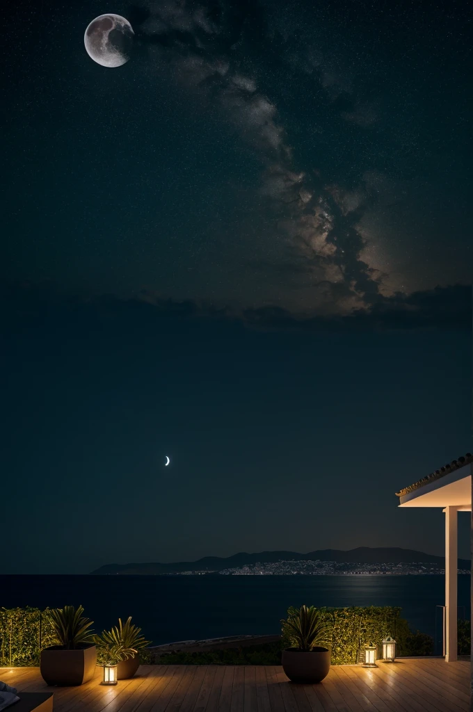 Sea of night,field,the sky is pitch black,No moon,View from the villa,Realistic,More realistic,Seaside terrace,8K Ultra HD, Digital SLR, Party Venue,Midnight Sea,View from the terrace,空にNo moon
