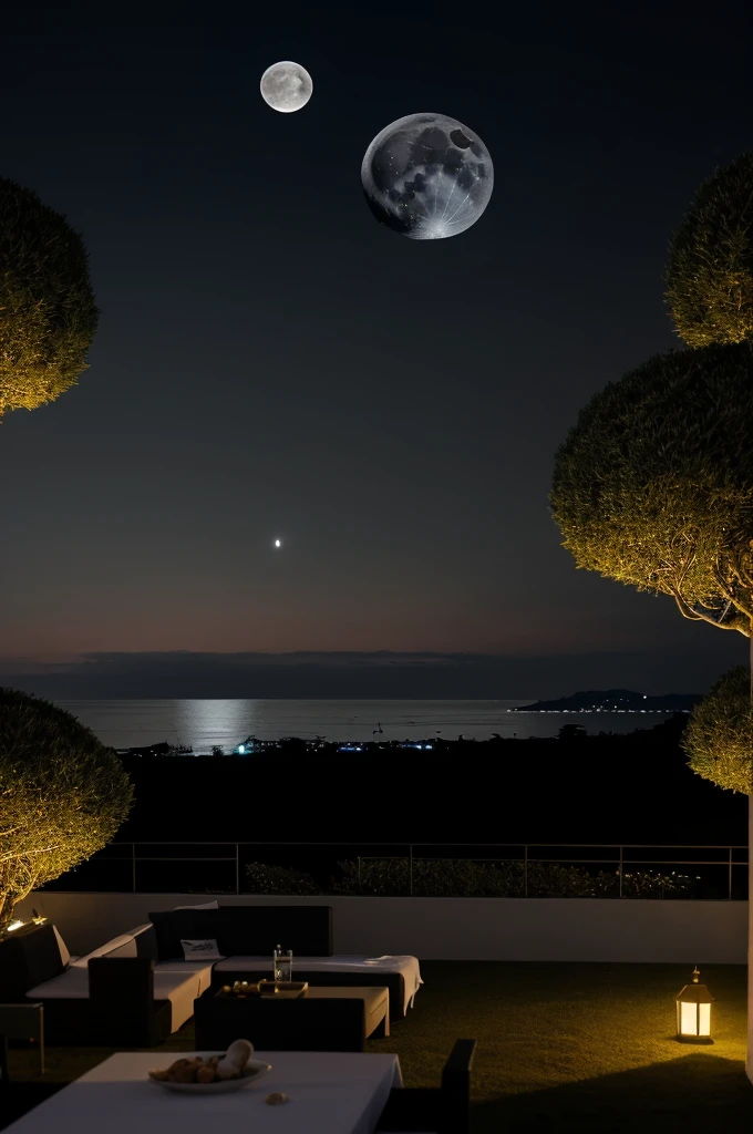 Sea of night,field,the sky is pitch black,No moon,View from the villa,Realistic,More realistic,Seaside terrace,8K Ultra HD, Digital SLR, Party Venue,Midnight Sea,View from the terrace,空にNo moon
