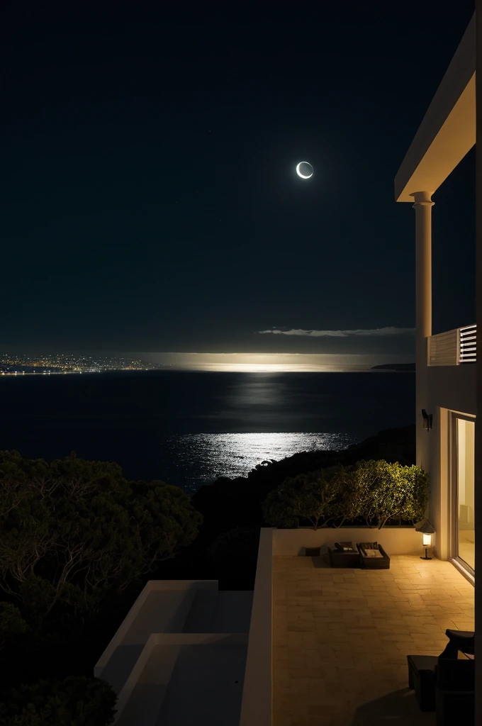 Sea of night,field,the sky is pitch black,No moon,View from the villa,Realistic,More realistic,Seaside terrace,8K Ultra HD, Digital SLR, Party Venue,Midnight Sea,View from the terrace,空にNo moon
