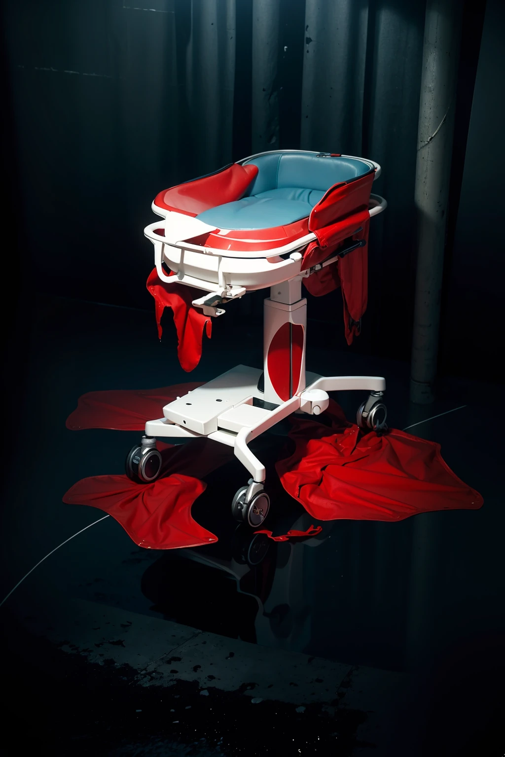 The image features a surgical or examination table, starkly white, with blood vividly splattered across its surface. The blood drips downward from the edges of the table, forming sinister pools on the reflective floor beneath. This grim scene is set in a dimly lit environment, amplifying the eerie and unsettling atmosphere. The depiction of flowing blood and accumulating puddles intensifies the sense of horror in the scene.