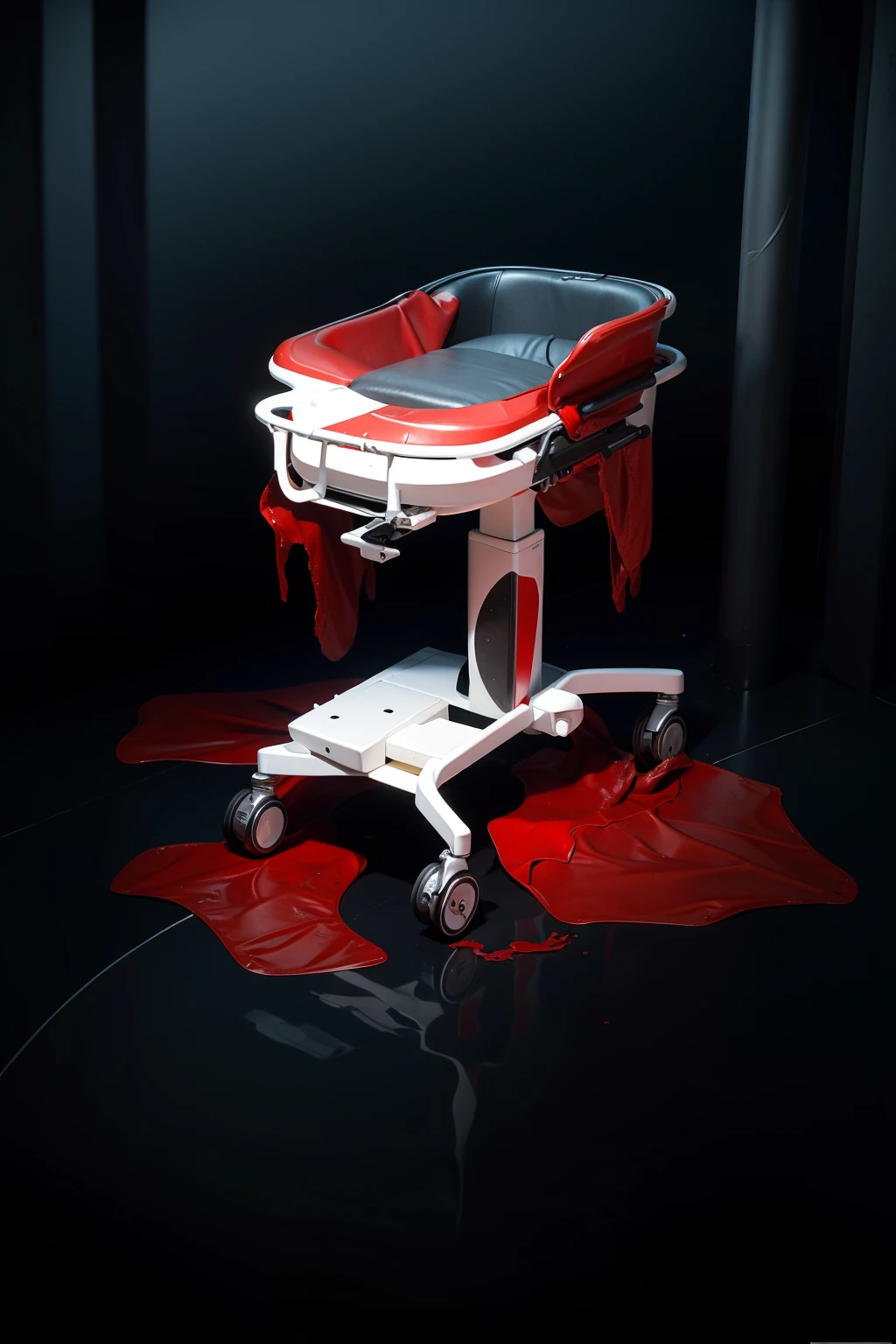 The image features a surgical or examination table, starkly white, with blood vividly splattered across its surface. The blood drips downward from the edges of the table, forming sinister pools on the reflective floor beneath. This grim scene is set in a dimly lit environment, amplifying the eerie and unsettling atmosphere. The depiction of flowing blood and accumulating puddles intensifies the sense of horror in the scene.