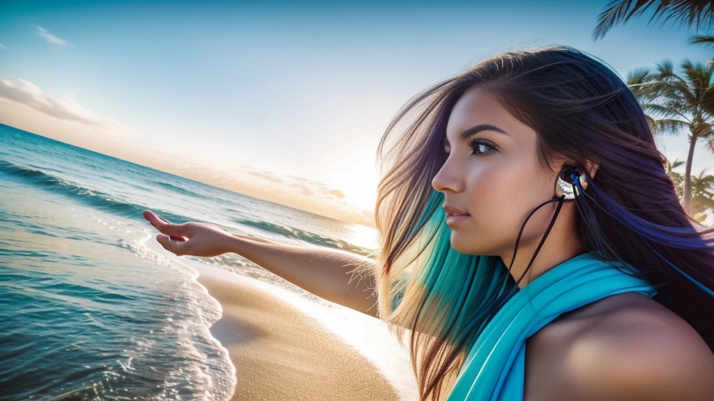 Create a stunning YouTube video thumbnail featuring a beautiful 25-year-old long-haired woman:1. Composition:
- Woman positioned on the right side of the frame, facing slightly to the left
- "I Love Trance" text on the left side
- Tropical beach background Woman's features:
- Long, flowing hair in snow-white color with ethereal blue streaks ,Hair dramatically billowing in the wind
- Striking, expressive eyebrows and long eyelashes
- Elegant, eye-catching makeup
- Wearing futuristic white headphones with neon blue accents,Atmospheric effects:
- Surrounded by a misty aura of blue dust particles
- Gradient of blue and complementary tones in the surrounding mist"I Love Trance" text:Large, volumetric 3D lettering,Vibrant color scheme: gradient from bright carrot orange to deep black,Eastern-inspired calligraphy or decorative elements in the text design,Slightly raised or floating appearance for depth,Background elements:
- Bright, inviting tropical beach scene
- Crystal-clear, turquoise ocean water
- Fine, white sand
- Palm trees swaying gently
- Sky filled with heart-shaped clouds, Lighting and color:Overall warm, golden sunlight washing over the scene,Vibrant, saturated colors throughout
- Subtle lens flare or light leak effect for added atmosphere,Post-processing:
- High contrast for a punchy, eye-catching look
- Slight vignette to draw focus to the center
- Subtle glow around the woman and text for an ethereal feel
8. Additional details:
- Small music notes or sound waves emanating from the headphones
- Faint, colorful energy lines flowing through the image for a sense of movement
- Subtle reflections in the woman's eyes to bring them to life
Aim for a harmonious blend of realism and fantasy, creating an irresistibly attractive and professional-looking thumbnail that captures the essence of trance music and tropical paradise.