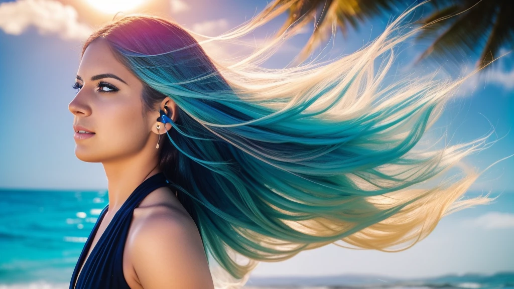 Create a stunning YouTube video thumbnail featuring a beautiful 25-year-old long-haired woman:1. Composition:
- Woman positioned on the right side of the frame, facing slightly to the left
- "I Love Trance" text on the left side
- Tropical beach background Woman's features:
- Long, flowing hair in snow-white color with ethereal blue streaks ,Hair dramatically billowing in the wind
- Striking, expressive eyebrows and long eyelashes
- Elegant, eye-catching makeup
- Wearing futuristic white headphones with neon blue accents,Atmospheric effects:
- Surrounded by a misty aura of blue dust particles
- Gradient of blue and complementary tones in the surrounding mist"I Love Trance" text:Large, volumetric 3D lettering,Vibrant color scheme: gradient from bright carrot orange to deep black,Eastern-inspired calligraphy or decorative elements in the text design,Slightly raised or floating appearance for depth,Background elements:
- Bright, inviting tropical beach scene
- Crystal-clear, turquoise ocean water
- Fine, white sand
- Palm trees swaying gently
- Sky filled with heart-shaped clouds, Lighting and color:Overall warm, golden sunlight washing over the scene,Vibrant, saturated colors throughout
- Subtle lens flare or light leak effect for added atmosphere,Post-processing:
- High contrast for a punchy, eye-catching look
- Slight vignette to draw focus to the center
- Subtle glow around the woman and text for an ethereal feel
8. Additional details:
- Small music notes or sound waves emanating from the headphones
- Faint, colorful energy lines flowing through the image for a sense of movement
- Subtle reflections in the woman's eyes to bring them to life
Aim for a harmonious blend of realism and fantasy, creating an irresistibly attractive and professional-looking thumbnail that captures the essence of trance music and tropical paradise.