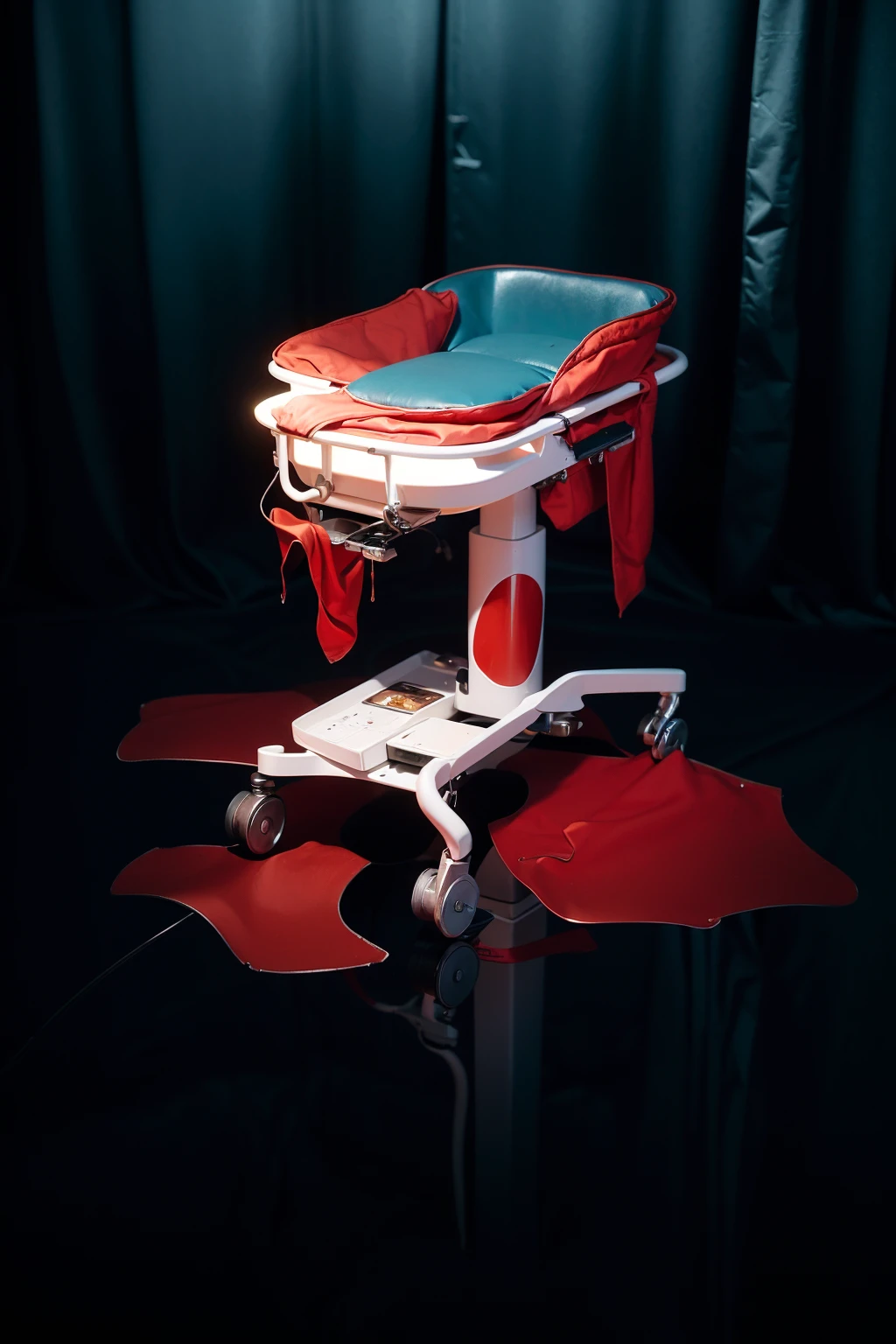 The image presents a haunting and dramatic scene set in a dimly lit, possibly medical environment. At the center is a surgical or examination table, starkly white, splattered with vibrant red blood, which is dripping onto the floor, forming pools of various sizes. The reflection on the shiny floor enhances the ominous atmosphere, adding a chilling effect. The curtains in the background are drawn, adding to the sense of isolation and secrecy. The setting, combined with the blood and dark tones, creates a visceral sense of unease, evoking themes of horror or a crime scene.accentuated by the minimalist design and the chilling orderliness of the environment. The scene conveys a sense of quiet solitude typical of such places, where the stillness is palpable and profound.The overall composition of the image is both eye-catching and charming, effectively conveying a sense of joy and creativity.ffects render, (glossy plastic texture with multiple big light probe refractions), perfect cgi, smooth silhouette, high intensity refraction, (super glossy plastic material), most beautiful vfx, , realistic, 4k, high resolution, rim light, smooth 3d model, multiple light sources, rim light, sharp post effects render,, realistic, 4k, high resolution, rim light detailed digital art, reflective, best quality, 4k, masterpiece:1.2, ultra-detailed, realistic, vivid colors, The image of the highest quality, ensuring every detail showcased perfectly. It in 4k resolution, allowing viewers to immerse themselves in the richness of the colors and intricate details. The realistic rendering. under the spotlight, reflecting, high-resolution image, realistic rendering