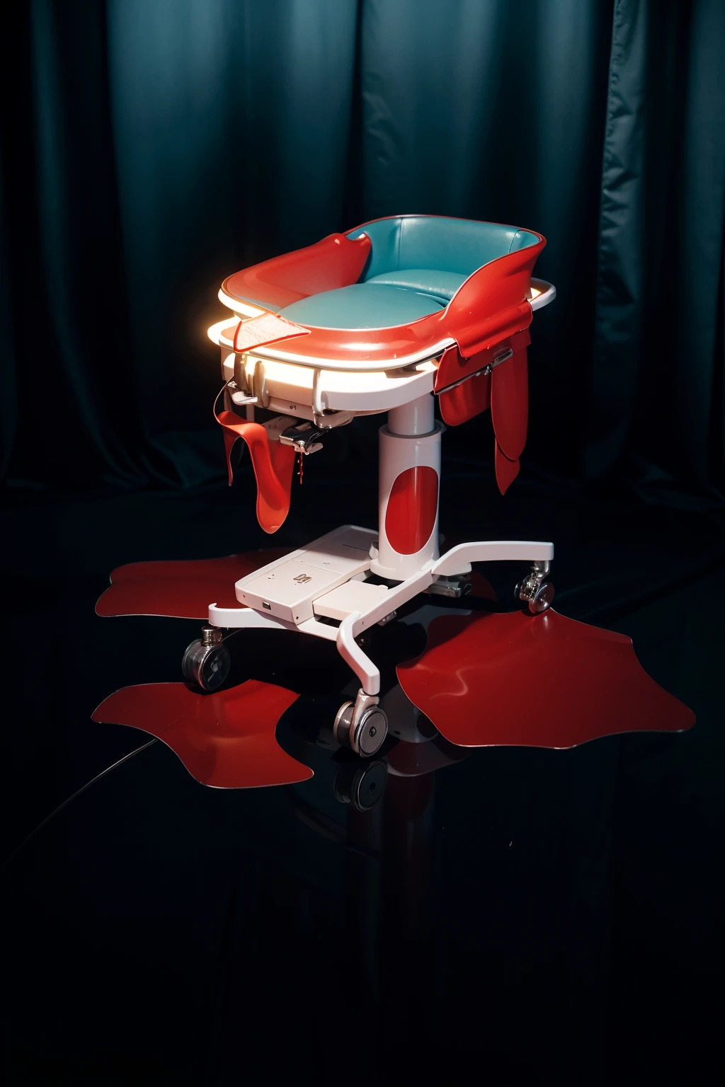 The image presents a haunting and dramatic scene set in a dimly lit, possibly medical environment. At the center is a surgical or examination table, starkly white, splattered with vibrant red blood, which is dripping onto the floor, forming pools of various sizes. The reflection on the shiny floor enhances the ominous atmosphere, adding a chilling effect. The curtains in the background are drawn, adding to the sense of isolation and secrecy. The setting, combined with the blood and dark tones, creates a visceral sense of unease, evoking themes of horror or a crime scene.accentuated by the minimalist design and the chilling orderliness of the environment. The scene conveys a sense of quiet solitude typical of such places, where the stillness is palpable and profound.The overall composition of the image is both eye-catching and charming, effectively conveying a sense of joy and creativity.ffects render, (glossy plastic texture with multiple big light probe refractions), perfect cgi, smooth silhouette, high intensity refraction, (super glossy plastic material), most beautiful vfx, , realistic, 4k, high resolution, rim light, smooth 3d model, multiple light sources, rim light, sharp post effects render,, realistic, 4k, high resolution, rim light detailed digital art, reflective, best quality, 4k, masterpiece:1.2, ultra-detailed, realistic, vivid colors, The image of the highest quality, ensuring every detail showcased perfectly. It in 4k resolution, allowing viewers to immerse themselves in the richness of the colors and intricate details. The realistic rendering. under the spotlight, reflecting, high-resolution image, realistic rendering