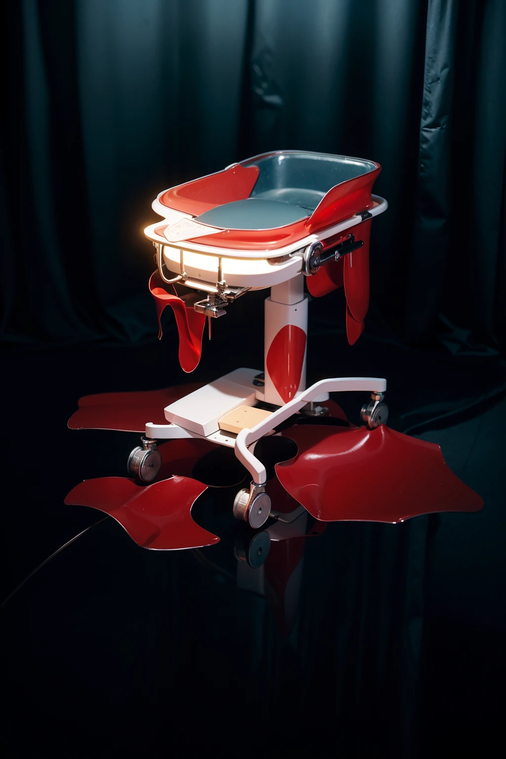 The image presents a haunting and dramatic scene set in a dimly lit, possibly medical environment. At the center is a surgical or examination table, starkly white, splattered with vibrant red blood, which is dripping onto the floor, forming pools of various sizes. The reflection on the shiny floor enhances the ominous atmosphere, adding a chilling effect. The curtains in the background are drawn, adding to the sense of isolation and secrecy. The setting, combined with the blood and dark tones, creates a visceral sense of unease, evoking themes of horror or a crime scene.accentuated by the minimalist design and the chilling orderliness of the environment. The scene conveys a sense of quiet solitude typical of such places, where the stillness is palpable and profound.The overall composition of the image is both eye-catching and charming, effectively conveying a sense of joy and creativity.ffects render, (glossy plastic texture with multiple big light probe refractions), perfect cgi, smooth silhouette, high intensity refraction, (super glossy plastic material), most beautiful vfx, , realistic, 4k, high resolution, rim light, smooth 3d model, multiple light sources, rim light, sharp post effects render,, realistic, 4k, high resolution, rim light detailed digital art, reflective, best quality, 4k, masterpiece:1.2, ultra-detailed, realistic, vivid colors, The image of the highest quality, ensuring every detail showcased perfectly. It in 4k resolution, allowing viewers to immerse themselves in the richness of the colors and intricate details. The realistic rendering. under the spotlight, reflecting, high-resolution image, realistic rendering