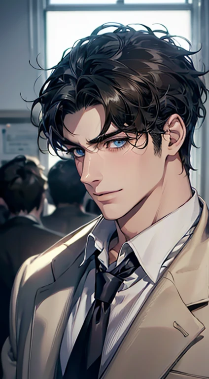 (Highest quality,4K,8K,High resolution,masterpiece:1.2),Super detailed,(Realistic,photoRealistic,photo-Realistic:1.37),1 person,31 years old,Mature Men,Beautiful skin、Profile、very handsome,Expressionless,smile,Short black hair,blue eyes,Sharp Eyes,A perfect face without a doubt,Businessman,Office Background,Cinema Lighting,HDR image,tie、