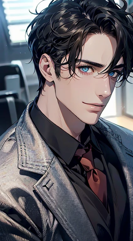 (Highest quality,4K,8K,High resolution,masterpiece:1.2),Super detailed,(Realistic,photoRealistic,photo-Realistic:1.37),1 person,31 years old,Mature Men,Beautiful skin、Profile、very handsome,Expressionless,smile,Short black hair,blue eyes,Sharp Eyes,A perfect face without a doubt,Businessman,Office Background,Cinema Lighting,HDR image,tie、