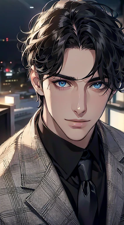 (Highest quality,4K,8K,High resolution,masterpiece:1.2),Super detailed,(Realistic,photoRealistic,photo-Realistic:1.37),1 person,31 years old,Mature Men,Beautiful skin、Profile、very handsome,Expressionless,smile,Short black hair,blue eyes,Sharp Eyes,A perfect face without a doubt,Businessman,Office Background,Cinema Lighting,HDR image,tie、