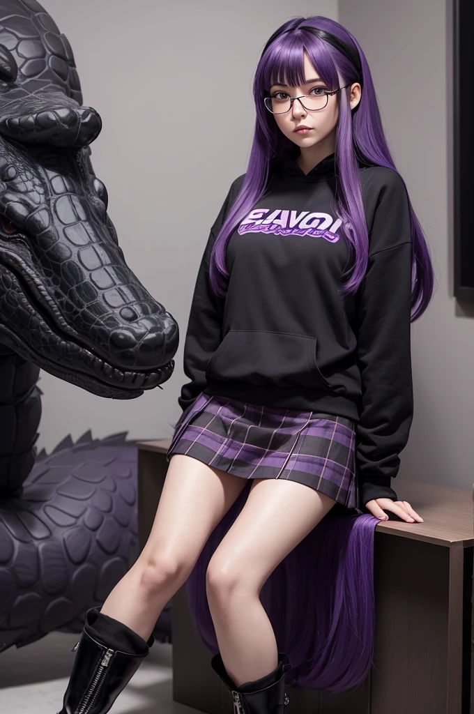 a female character in the animated style of "my favorite evil", long straight purple hair tied with bangs, with glasses, slanted eyes, black sweatshirt and purple plaid skirt, heavy black boots, with two pet crocodiles