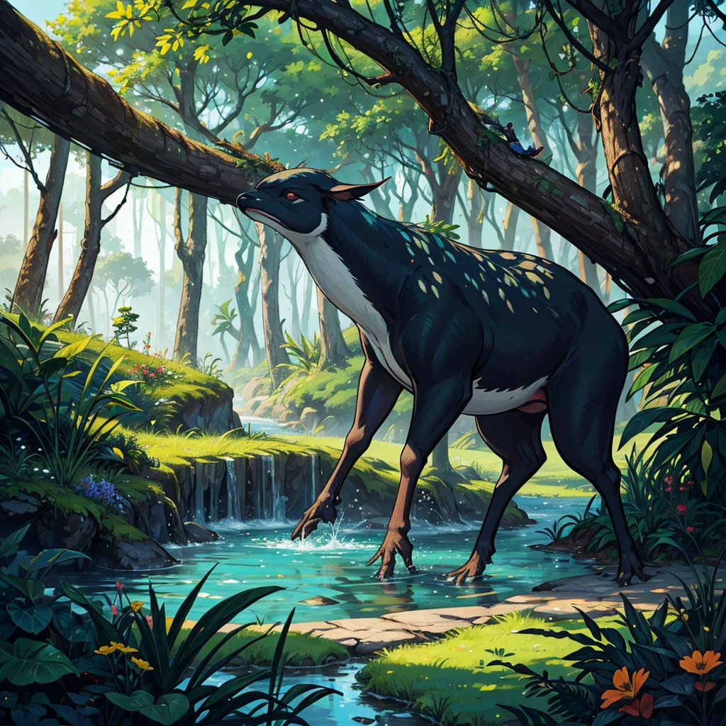 "Create a vibrant and immersive scene set in the lush landscapes of Serra do Espinhaço. The composition should feature a diverse array of animals and characters, each depicted with rich detail and in their natural behaviors. The characters and elements to include are:

Mephitidae exploring the forest floor.
Cyanocorax cristatellus perched on a tree branch.
Euphractus sexcinctus walking through the underbrush.
Caliandra, a 6--old l, interacting with the animals.
Ozotoceros bezoarticus grazing nearby.
Cygnus gliding on a serene pond.
Tapirus terrestris foraging for food.
Myrmecophaga tridactyla searching for ants.
Dasypus novemcinctus near a burrow.
Hydrochoerus hydrochaeris resting by the water.
Chrysocyon brachyurus prowling through the tall grass.
Callithrix climbing a tree.
Strigiformes watching from a high branch.
Panthera onca cub playing near the edge of the forest.
Nasua sniffing around for food.
Columbina cyanopis flying overhead.
Antilophia galeata performing a courtship dance.
Callithrix penicillata leaping between branches.
Mazama americana hidden in the foliage.
The Caliandra flower blooming vibrantly.
The mother of Caliandra, watching her daughter fondly.
Broto D’água (Ribeirão Congonhas) as a sparkling stream running through the scene.
The sacred Pequi tree (Caryocar brasiliense) with its distinctive fruit.
Ramphastos toco with its colorful beak prominently displayed.
The background should be a lush, dense forest with vibrant greenery and colorful flora typical of the Serra do Espinhaço. Ensure the scene captures the diversity and beauty of the region's wildlife, creating a captivating and detailed tableau."