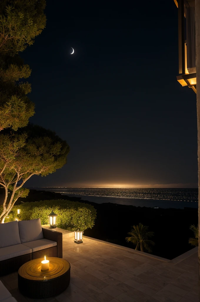 Sea of night,field,the sky is pitch black,No moon,View from the villa,Realistic,More realistic,Seaside terrace,8K Ultra HD, Digital SLR, Party Venue,Midnight Sea,View from the terrace,空にNo moon
