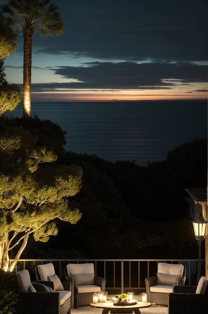 Sea of night,field,the sky is pitch black,No moon,View from the villa,Realistic,More realistic,Seaside terrace,8K Ultra HD, Digital SLR, Party Venue,Midnight Sea,View from the terrace,空にNo moon