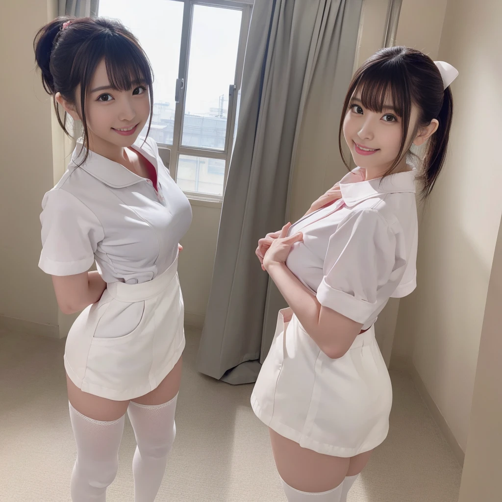 （Nurse Costume、White micro mini skirt、Ass、Black Hair、Big Ass、Inside the hospital、Knee-high socks、Side Ponytail）、Extremely sexy、Glamorous Body、smile、Professional Lighting、Beautiful adult woman、Captivating thighs、Very large breasts、Are standing、Beautiful teeth alignment