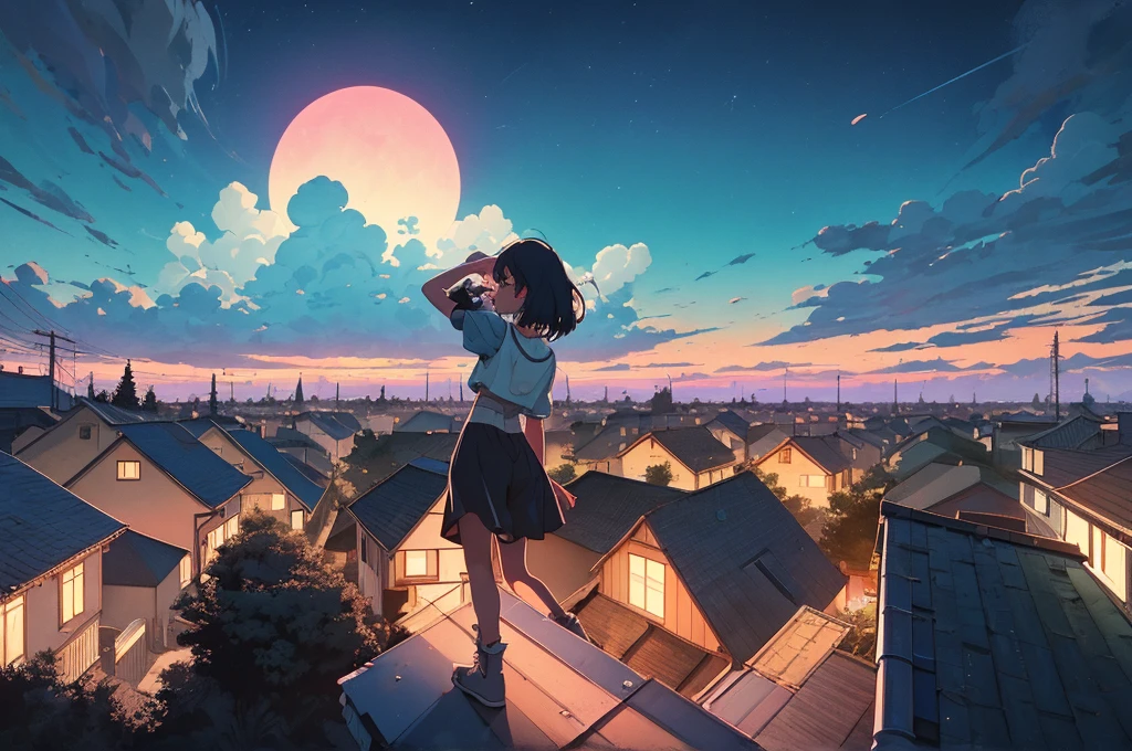 (praise), On the roof of an old house, Lo-fi image,Retro, flat,2.5D, Night Light, View from the rooftop, Neonscape, Beautiful colorful night sky,performer ,Analog Color Theme, Fantasy ,Line art, Ink painting, Big incline, watercolor, Gouache Color, Studio Ghibli style, Great colorful, Out turn, Synthwave, Lofi Art,90s Style,Old Texture, amplitude,90s vibe, masterpiece, A huge amount of skill