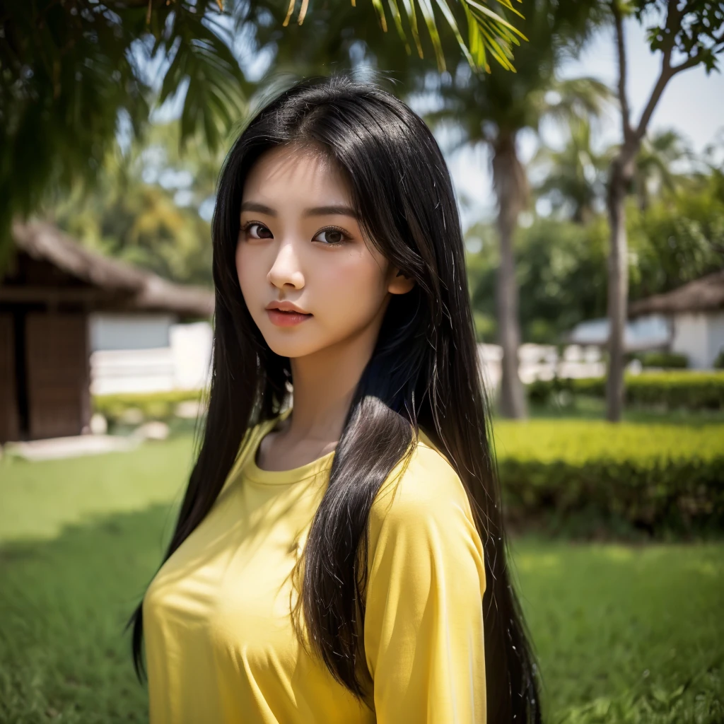 realistic: Open the aperture wide., professional lighting, Sony A7R4, 50 mm sitting lens. 2 ; Warm light, (digital painting, HDR ภาพถ่ายหน้าตรงThai anime, Female anime Araffe 25 30 years old, realistic: Open the aperture wide., professional lighting, Sony A7R4, 50 mm sitting lens. 2 ; Warm light, (digital painting, HDR, high contrast (digital painting, HDR, high contrast),Old jeans torn, bright colored t-shirts, Looking straight at you intently, Long-haired woman with a round face, Red cheeks, Pink cheeks, black eyes ตาสองชั้น, black eyes, Thai anime, Has a large chest size of 38 inches., ponytail woman, flowing black hair, long flowing black hair, she has black hair, Her black hair was long and wavy., beautiful black hair, Extra dark natural black hair, The shirt is tight., Looks hot., ,black eyes,abdominal muscles, rounded chest, outdoor, The background is a rice field., There is an old thatched Thai-style hut in the background., The evening sun shines, beautiful female model, jaw-dropping beauty, realistically,