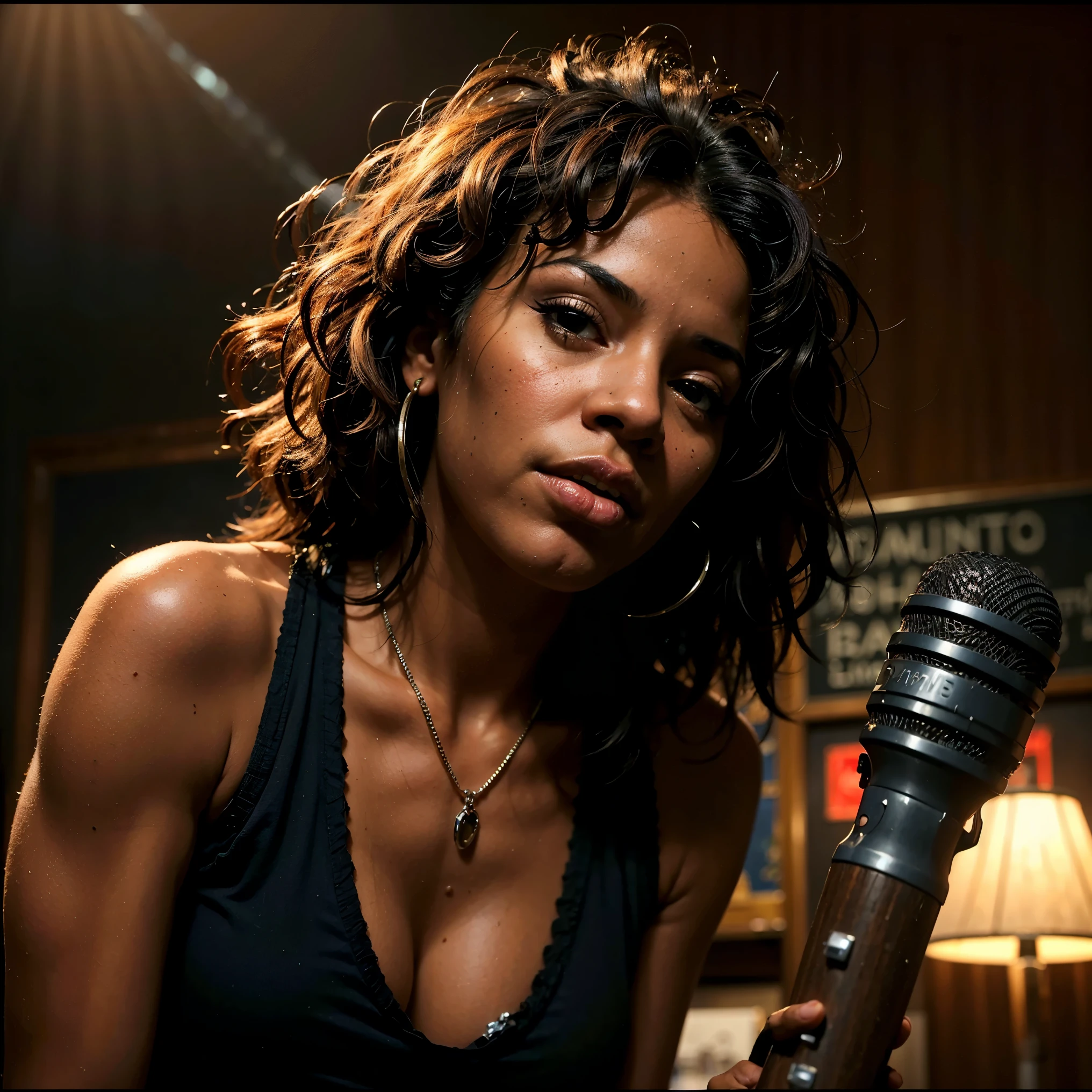 A very hot Black female blues singer singing in a pub, t-shirt, microphone, band playing in background, dramatic lighting, cinematic camera angle, photorealistic, masterpiece, intricate details, vibrant colors, chiaroscuro lighting, moody atmosphere, soulful expression, expressive gestures, smoky stage, vintage aesthetic, low-key lighting, gritty realism, atmospheric environment, dynamic composition