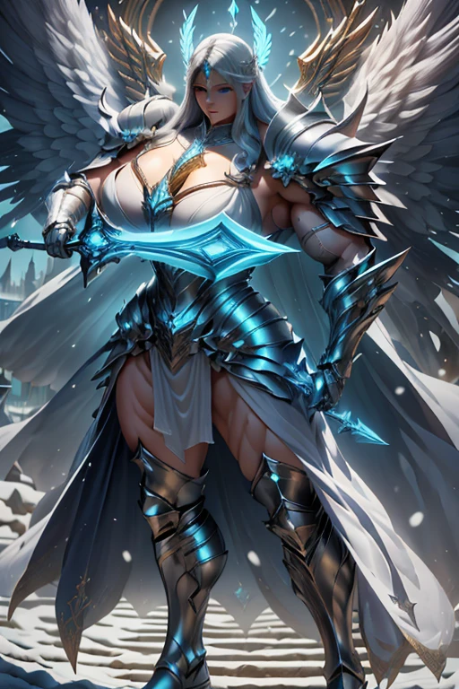 ((Massive beautiful, buff, pale white skinned muscular paladin woman with cyan hair, giant angel wings, black lipstick, ginormous bulky muscles, carrying a giant sword and wearing angel white paladin knight armored with a long tiered skirt)), ((close view)), large breast, (massive muscles), massive biceps, hyper muscle shoulders, hyper muscle triceps, (long beachy hair), (giant angel wings), purple eyes, (Paladin boots), (angel metal armor), holy breastplate, (angel gauntlets), (holy Shoulder armor), closed smile, (in a heavenly castle), snowfall, Vascular arms, hyper muscles arms, hyper muscle legs, massive arms.
