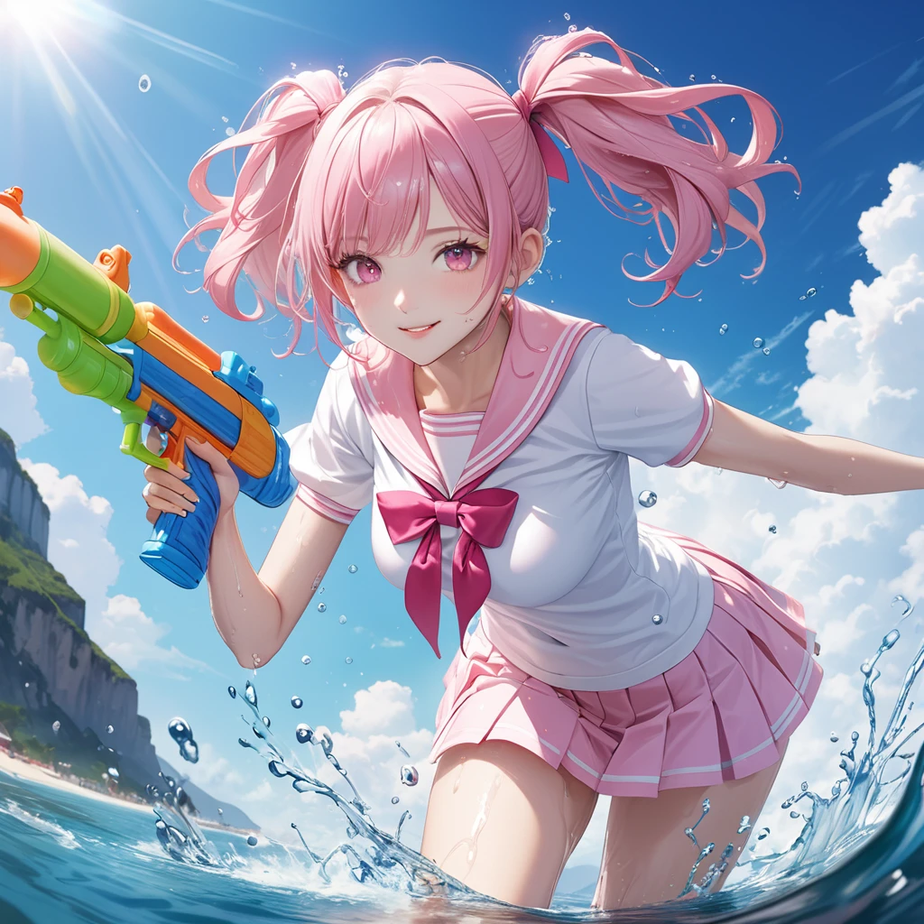 (8K, masutepiece, Best Quality, Official art, beautiful detailed, beautiful lighting, best masterpiece in history that exceeds limits), (1 Girl, Solo), (sixteen years old), (beautiful detailed face), (wet shiny white skin), (Beautiful big bust:1.3), (thighs, navel), (beautiful detailed pink twin tails hair, Bangs:1.3), (beautiful detailed drooping pink eyes:1.5),  (high school uniform:1.3),  (wet patsel pink sailor collar, white short sleeves short length outing shirt, pastel pink pleated skirt, patsel pink ribbon:1.3), (happy smile:1.2), (dynamic angle, dynamic cut, Attractive, Look at the camera, cute pose), breathtaking scenery, (ultra detailed realistic Beautiful sea, blue sky, summer:1.2), (water gun, release water, water splash:1.5),