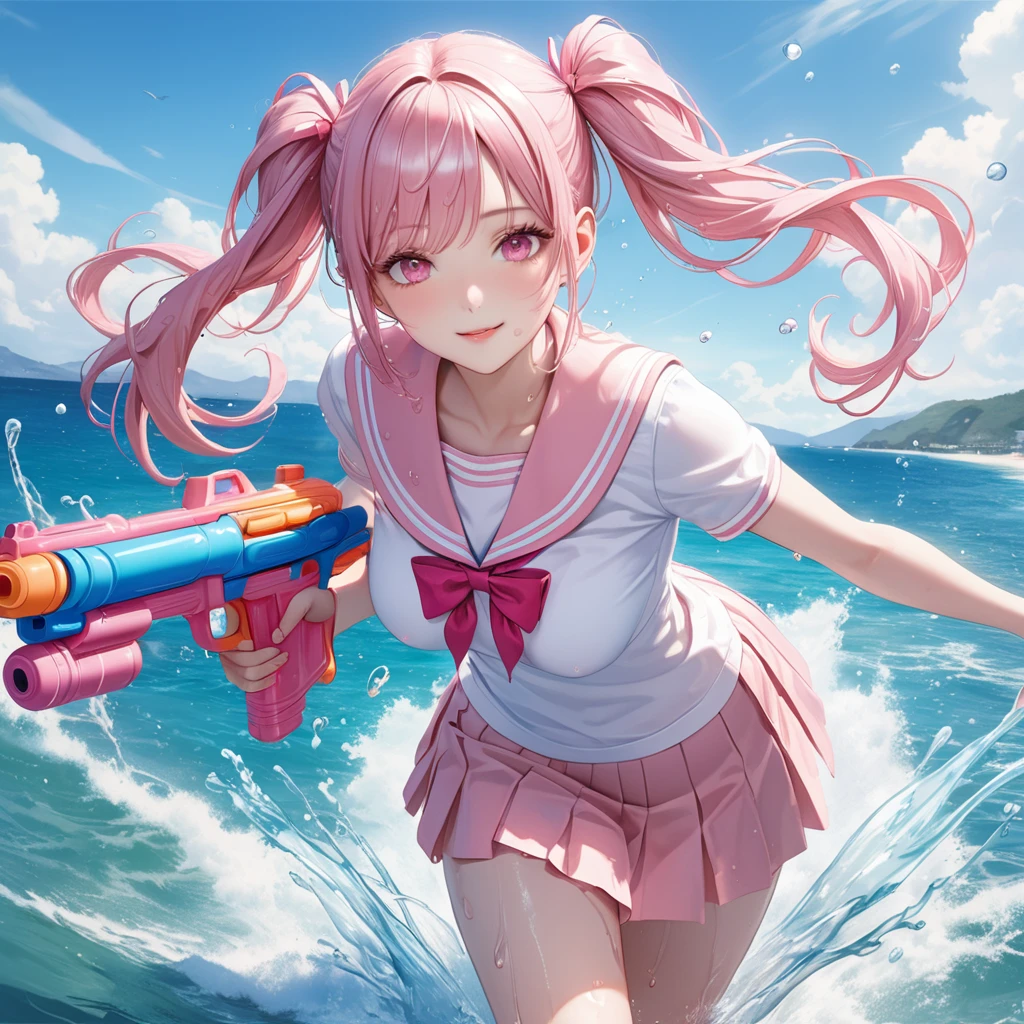 (8K, masutepiece, Best Quality, Official art, beautiful detailed, beautiful lighting, best masterpiece in history that exceeds limits), (1 Girl, Solo), (sixteen years old), (beautiful detailed face), (wet shiny white skin), (Beautiful big bust:1.3), (thighs, navel), (beautiful detailed pink twin tails hair, Bangs:1.3), (beautiful detailed drooping pink eyes:1.5), (high school uniform:1.3), (wet patsel pink sailor collar, white short sleeves short length outing shirt, pastel pink pleated skirt, patsel pink ribbon:1.3), (happy smile:1.2), (dynamic angle, dynamic cut, Attractive, Look at the camera, cute pose), breathtaking scenery, (ultra detailed realistic Beautiful sea, blue sky, summer:1.2), (water gun, release water, water splash:1.5),
