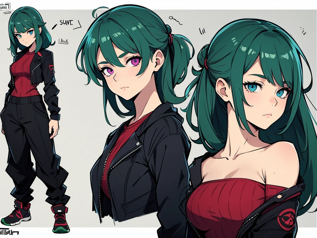 (masterpiece), best quality, high quality art, very detailed texture, super detailed picture high detail texture, high texture detail, super detailed render, hd detailed texture, standing, full body, 1girl, blue eyes, purple eyes in left eyes, red eyes in right eyes, heterochromia eyes, pixiehairstyle hair, messy hair, Green hair, white shirt, tomboy girl, black long pants, various expression, front back and side view of character