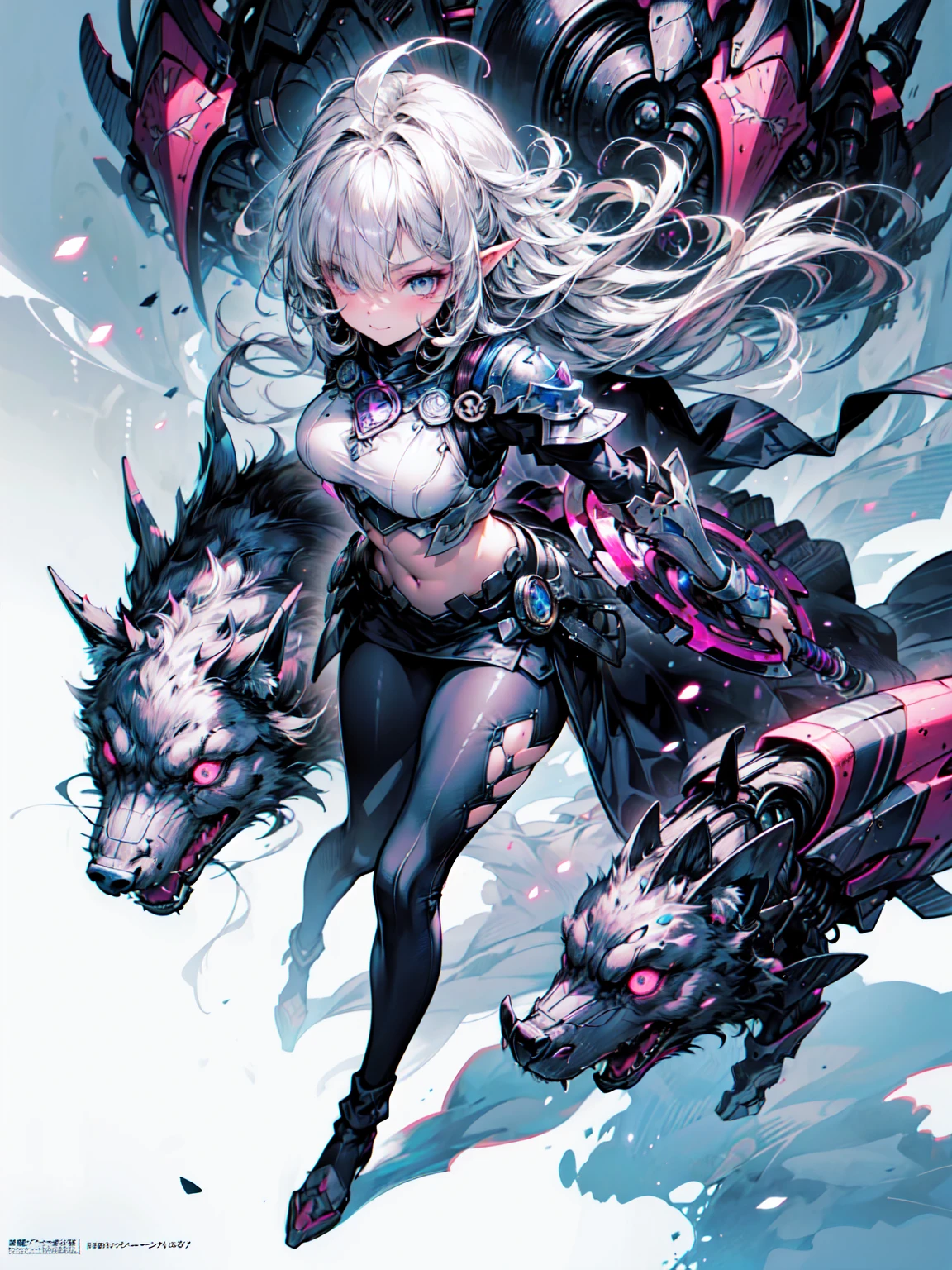 Abdominal musclesurdres ,1 Girl,strict,Silver Hair,Anxious woman ,Wolf Ear,blue eyes,Abdominal muscles,Muscular,Warrior princess in armor,
metal armor with breastplate,Leather skirt, leggings, Knee-high boots,large battle ax and shield,Background of the valley between buildings、
Crown,break,(Aggressive Pose,Movie angle:1.3),(From above:1.2),Highest quality,Very detailed,Ultra-realistic, Perfect ???????,Five perfect fingers,Vibrant colors,wonderful,Ultra-fine illustrations、Blake、(Dark Elf), (1 Girl), alone, Perfect Face, Get used to it, Ahoge, ((Long Hair:1.2)), (Hair above one eye:1.3), [[Messy Hair]], Shiny blonde white hair, Purple eyes, Variegated eyes, Colorful Hair, Shining Eyes, (eyelash, eye shadow, pink eye shadow), bright, smile, Design Art：haruhiko mikimoto, by Kawashi, By Yoshitaka Amano, Dark Skin
