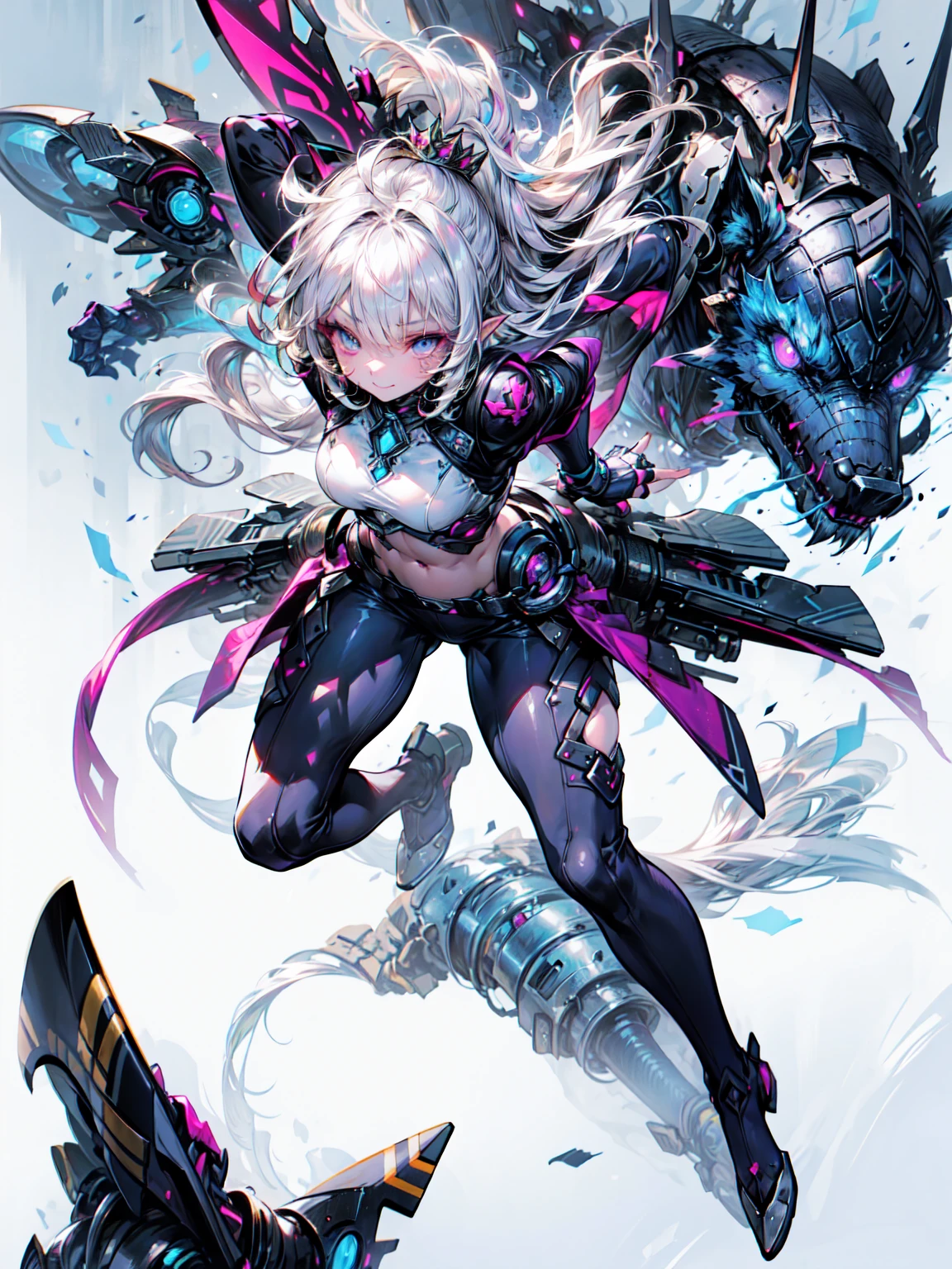Abdominal musclesurdres ,1 Girl,strict,Silver Hair,Anxious woman ,Wolf Ear,blue eyes,Abdominal muscles,Muscular,Warrior princess in armor,
metal armor with breastplate,Leather skirt, leggings, Knee-high boots,large battle ax and shield,Background of the valley between buildings、
Crown,break,(Aggressive Pose,Movie angle:1.3),(From above:1.2),Highest quality,Very detailed,Ultra-realistic, Perfect Anatomy,Five perfect fingers,Vibrant colors,wonderful,Ultra-fine illustrations、Blake、(Dark Elf), (1 Girl), alone, Perfect Face, Get used to it, Ahoge, ((Long Hair:1.2)), (Hair above one eye:1.3), [[Messy Hair]], Shiny blonde white hair, Purple eyes, Variegated eyes, Colorful Hair, Shining Eyes, (eyelash, eye shadow, pink eye shadow), bright, smile, Design Art：haruhiko mikimoto, by Kawashi, By Yoshitaka Amano, Dark Skin
