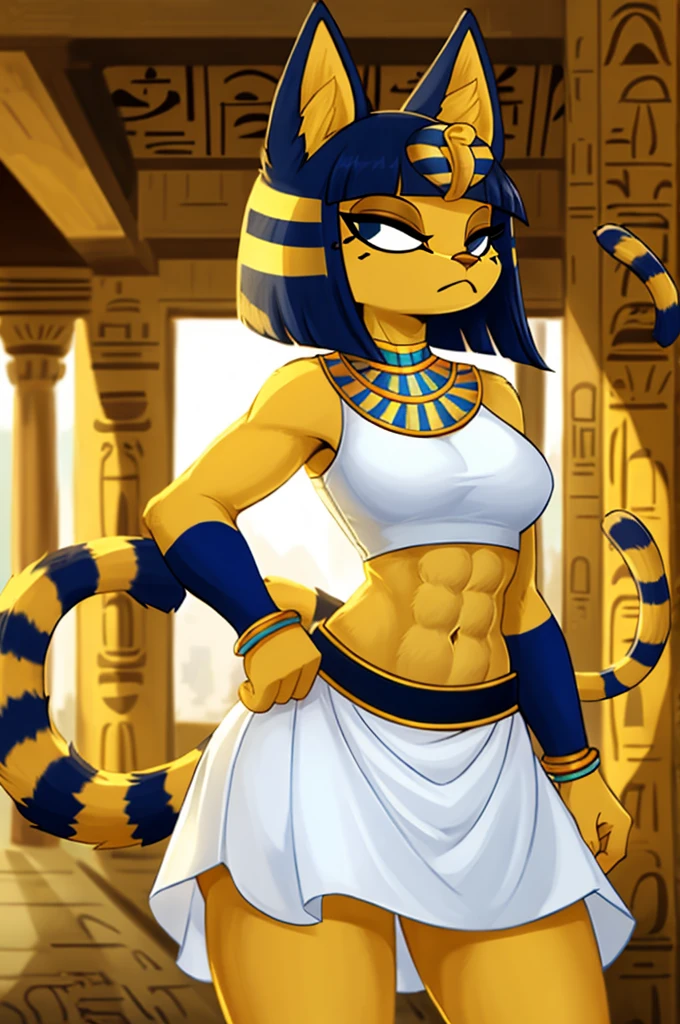 ((best quality)), ((masterpiece)), (detailed), a digital artwork of ankha with abs wearing a crop top of her white sleeveless dress with white long dress skirt, a bare midriff and a bare navel, Egyptian setting, tail, blue Egyptian handbands, furry, anthro style, 2d style