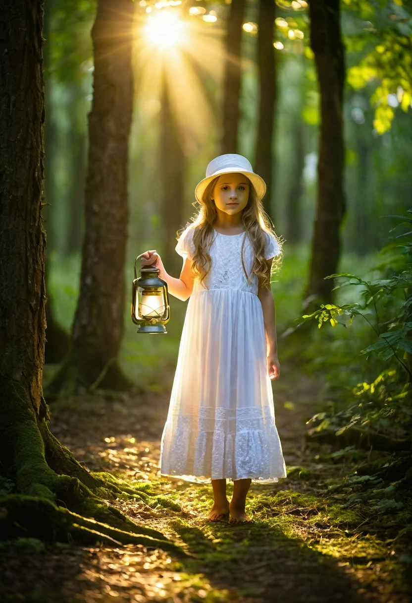 Green Forest，Many large trees， girl holding a lantern，Wearing a white dress，long hair，Wear a hat，Backlight，evening，Golden rays of light penetrate the woods，