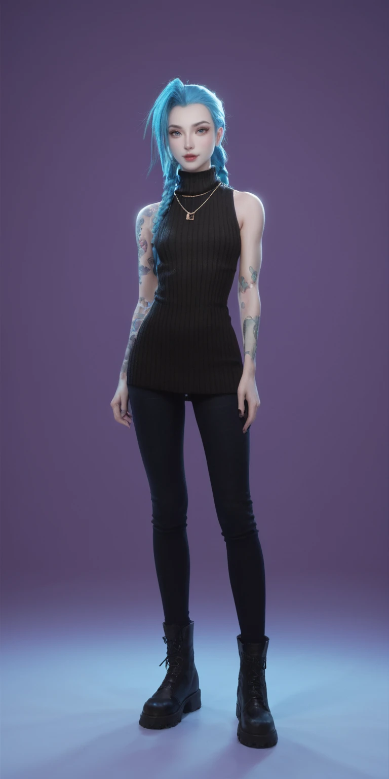 score_9, score_8_up, score_7_up, score_6_up, 
 1girl, solo,full body, jinx \(league of legends\),  looking at viewer, purple background, sidelighting, backlighting, turtleneck sweater, 3d, realistic, sleeveless, necklace, makeup, glowing,